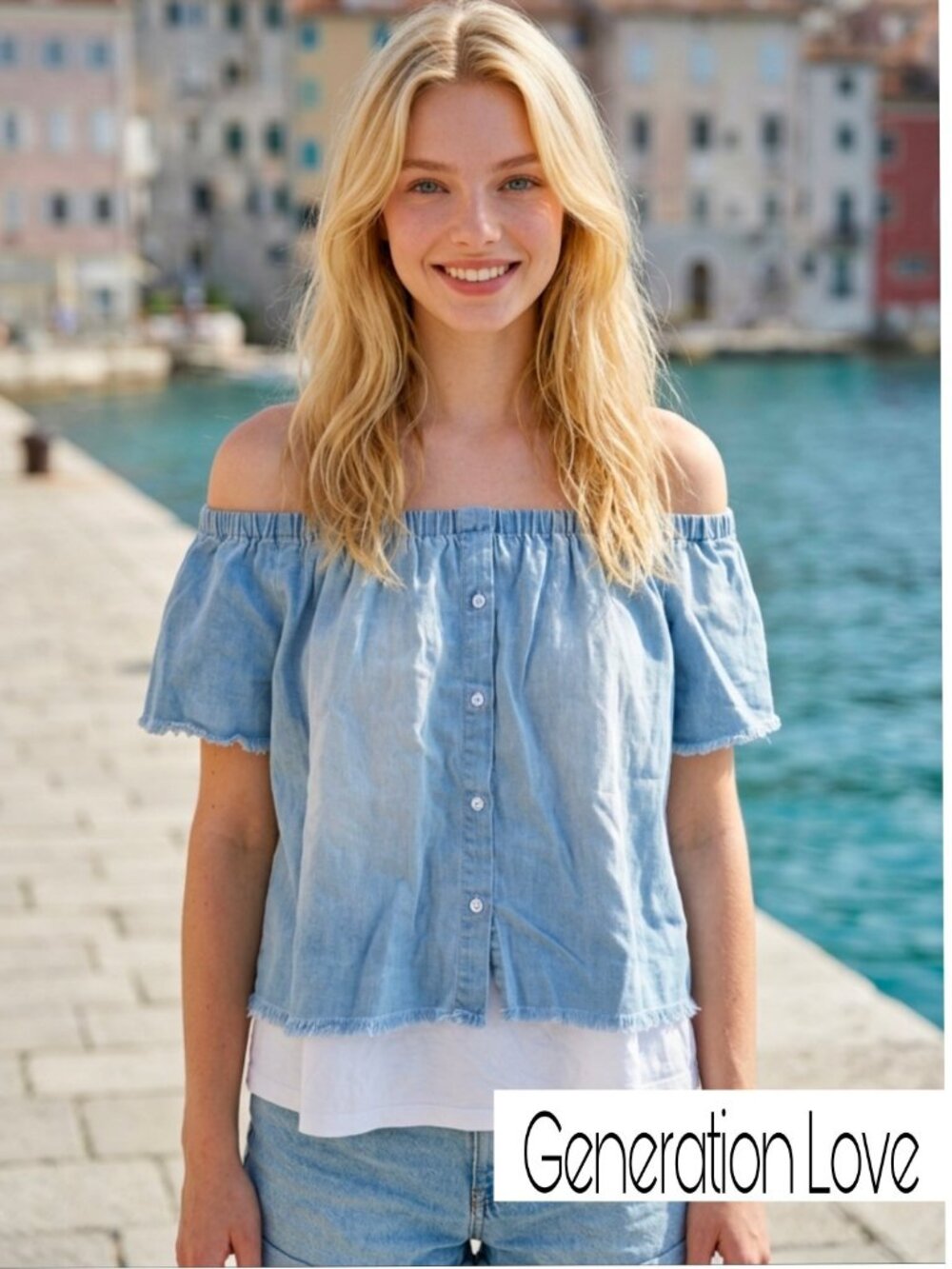 Generation Love Off Shoulder Top Light Blue Denim Button Front